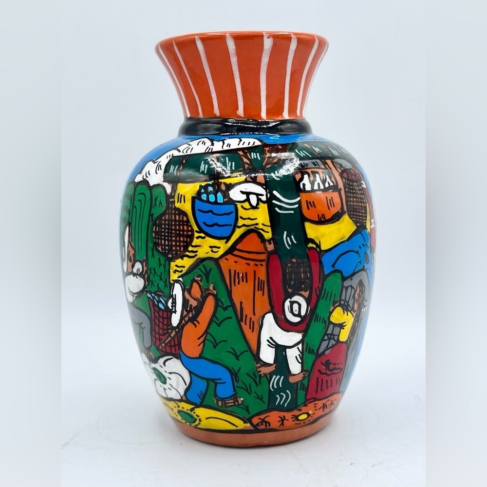 Vtg Terra Cotta Folk Art Hand Painted Storyteller Vase 4.25” Tall EUC